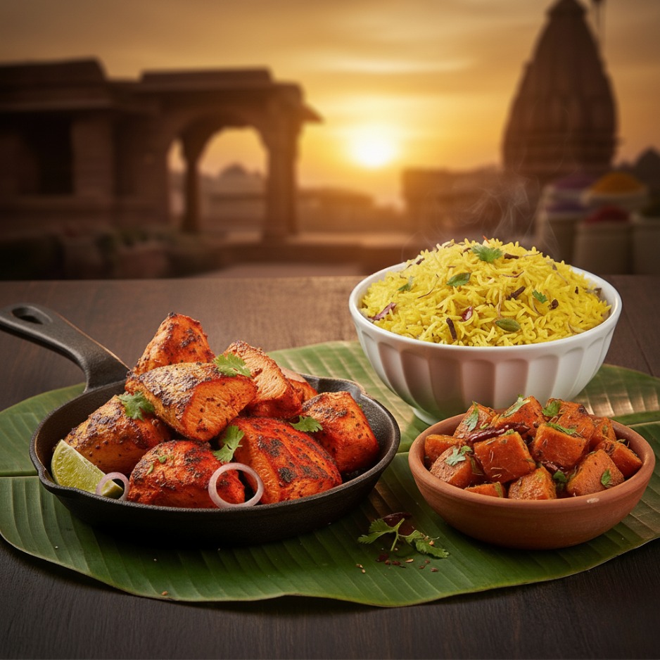 Poulet tandoori traditionnel riz parfumé et carottes roties au cumin